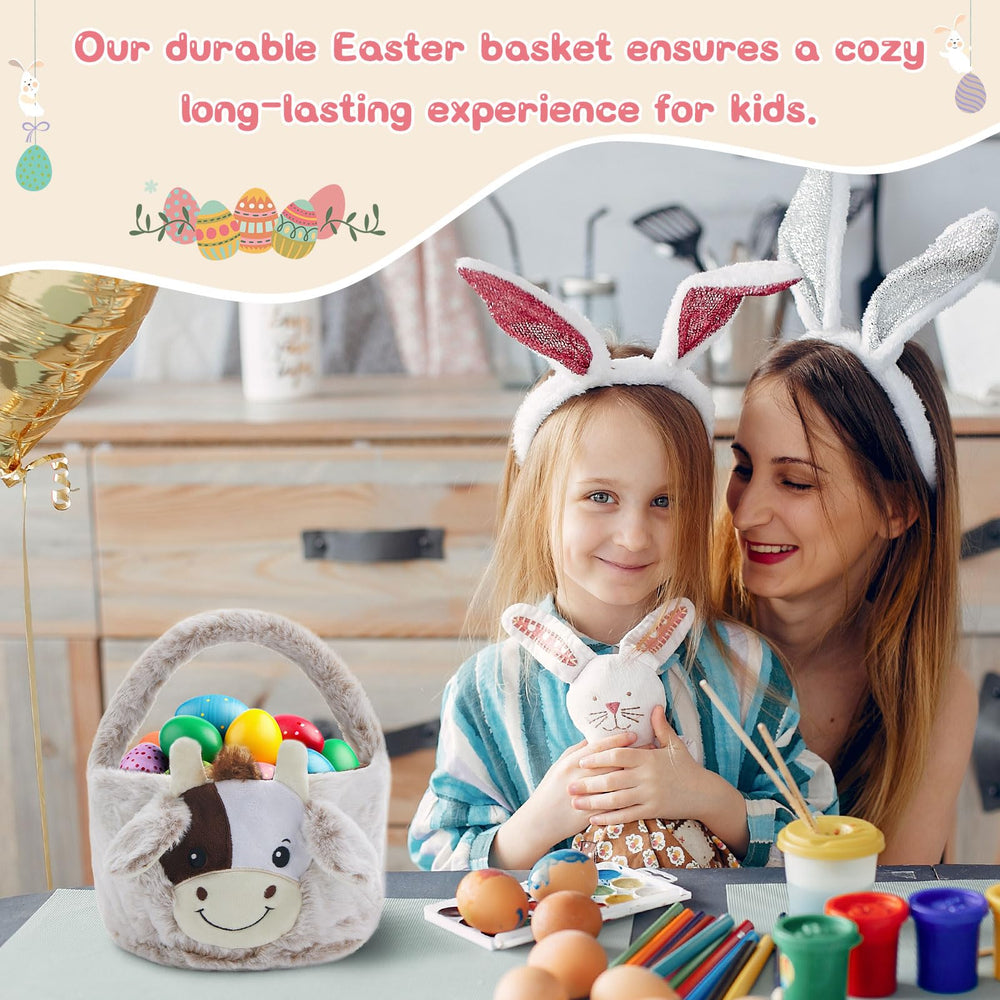 Neaonau child holding plush cow Easter basket during egg hunt