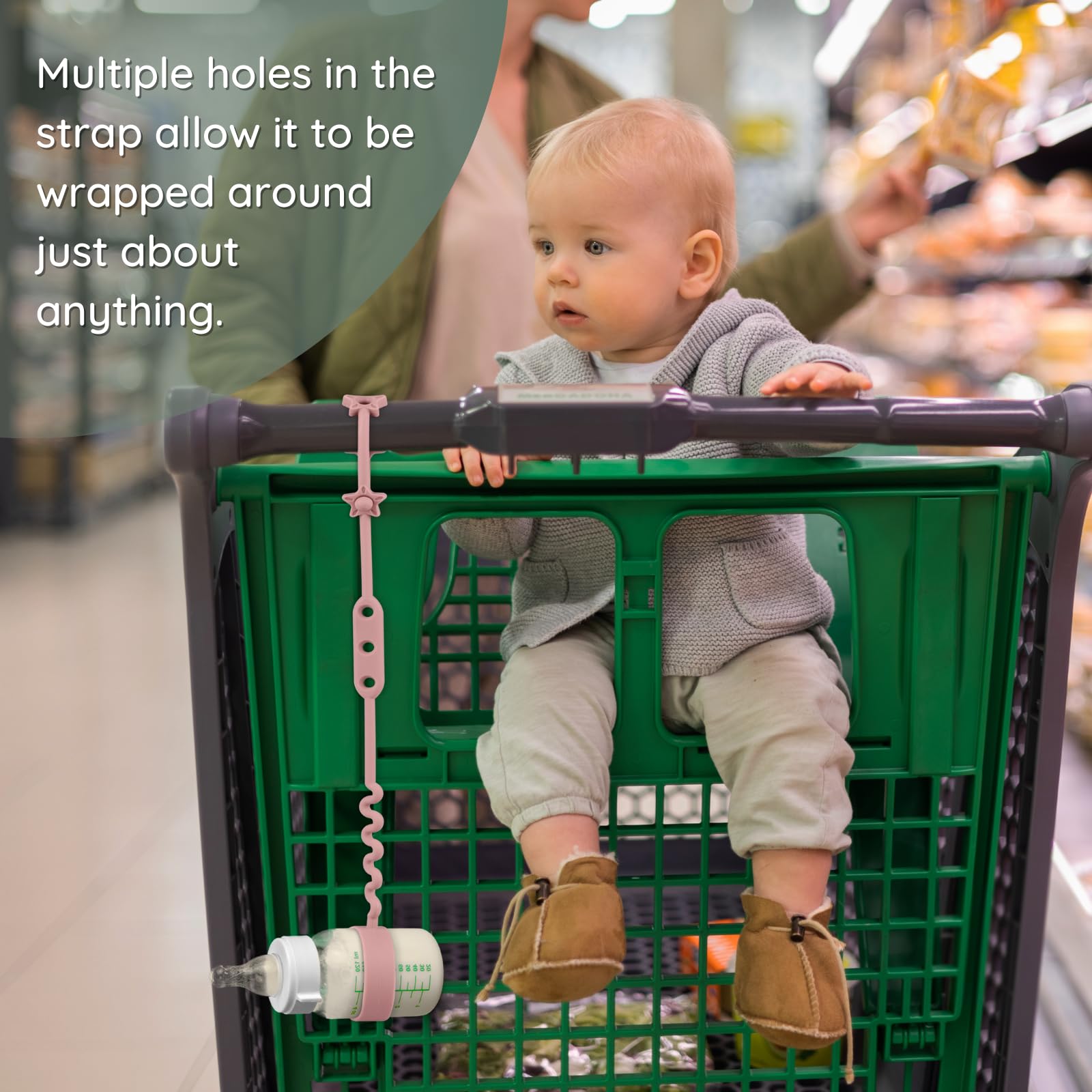 Nearbyme straps attached to stroller with cup keeps items within easy reach