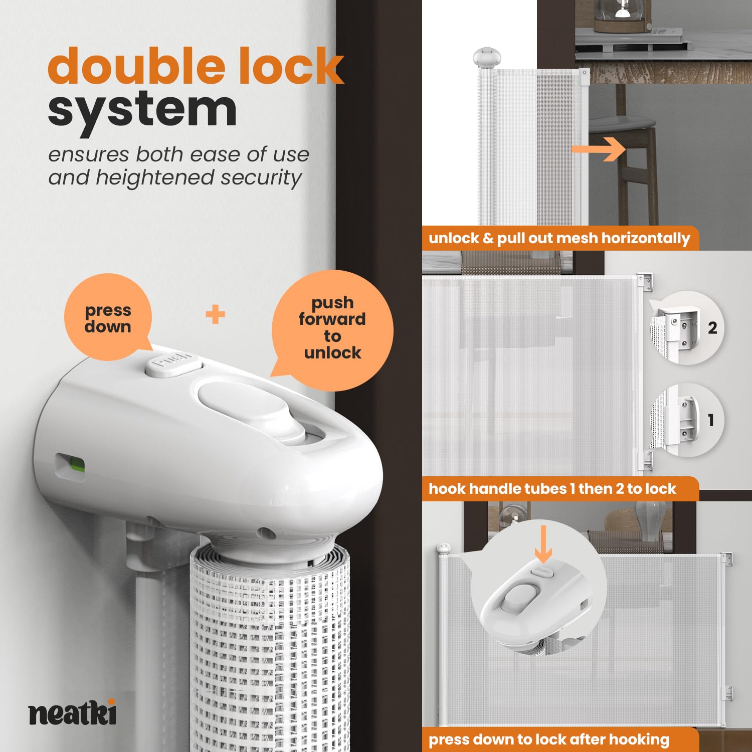 Neatki gate indoor-outdoor mounting options illustrate flexible installation for various spaces.
