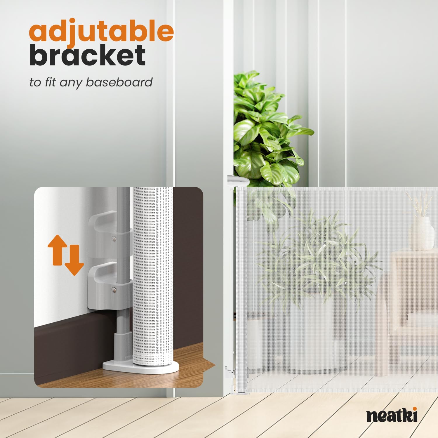 Neatki retractable mesh gate saves space while keeping pathways clear.