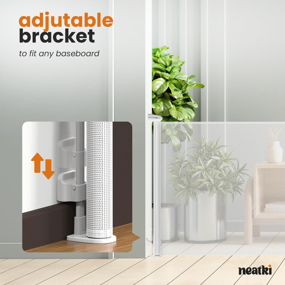 Neatki retractable mesh gate saves space while keeping pathways clear.