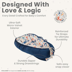 Nebulita newborn lounger blue used for bottle feeding at a gentle, supported angle.