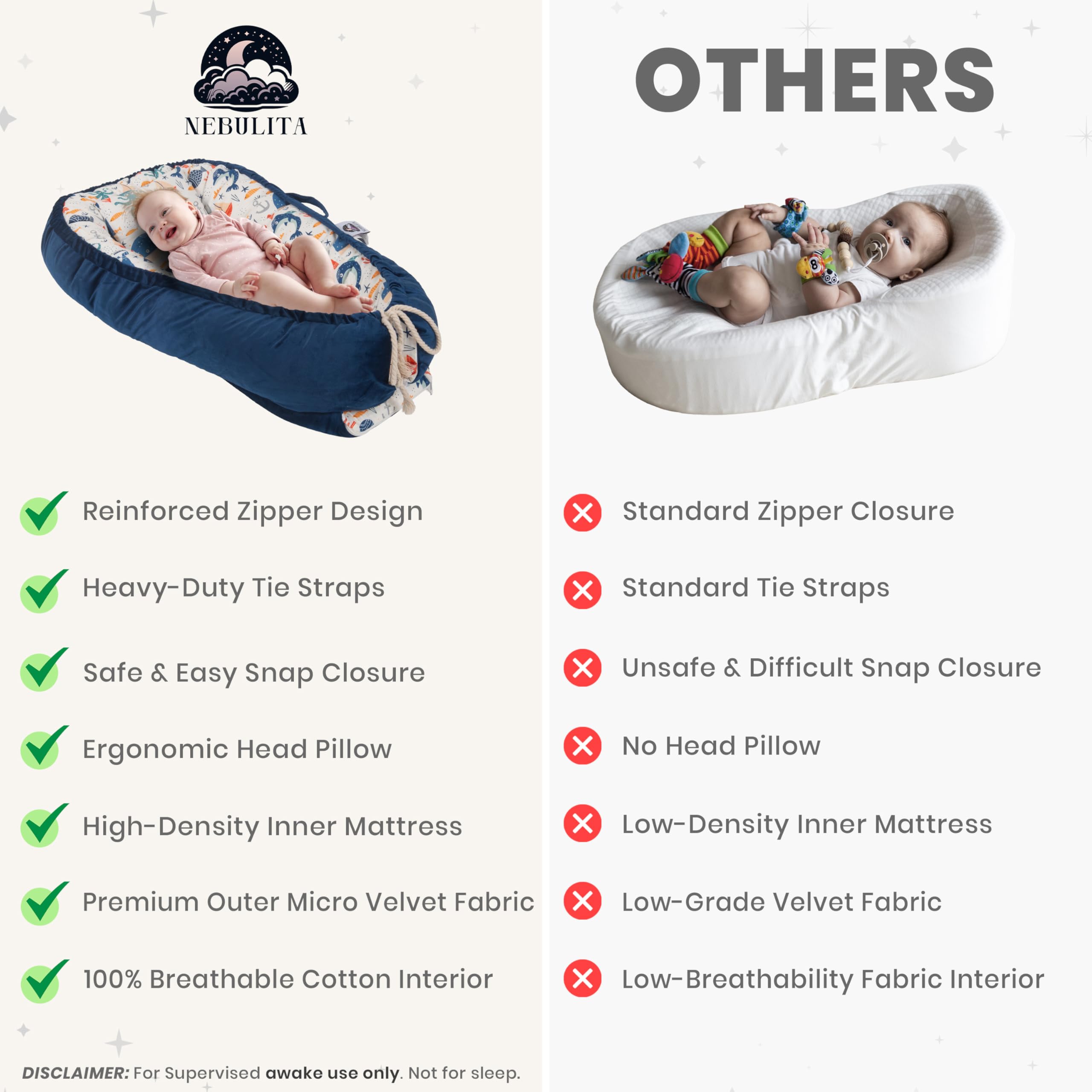 Nebulita newborn lounger blue is portable and lightweight for on-the-go supervision.