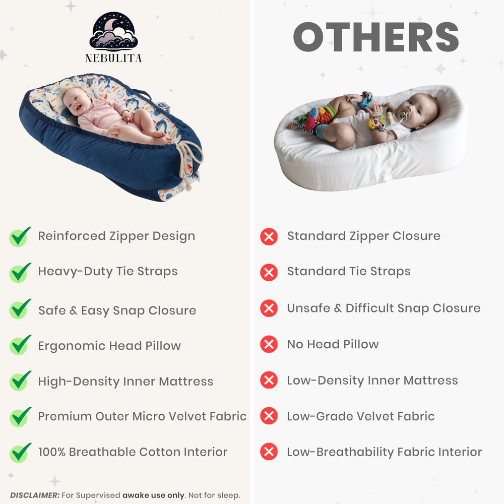 Nebulita newborn lounger blue is portable and lightweight for on-the-go supervision.