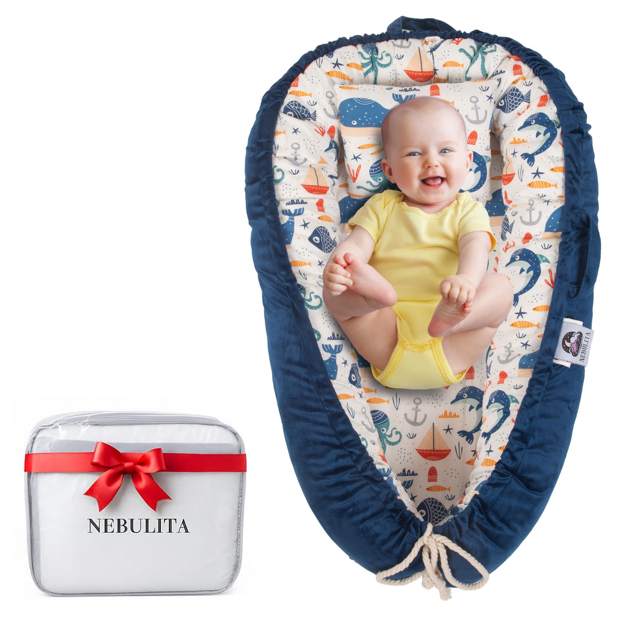 Nebulita newborn lounger blue with soft side panels for supervised bonding.
