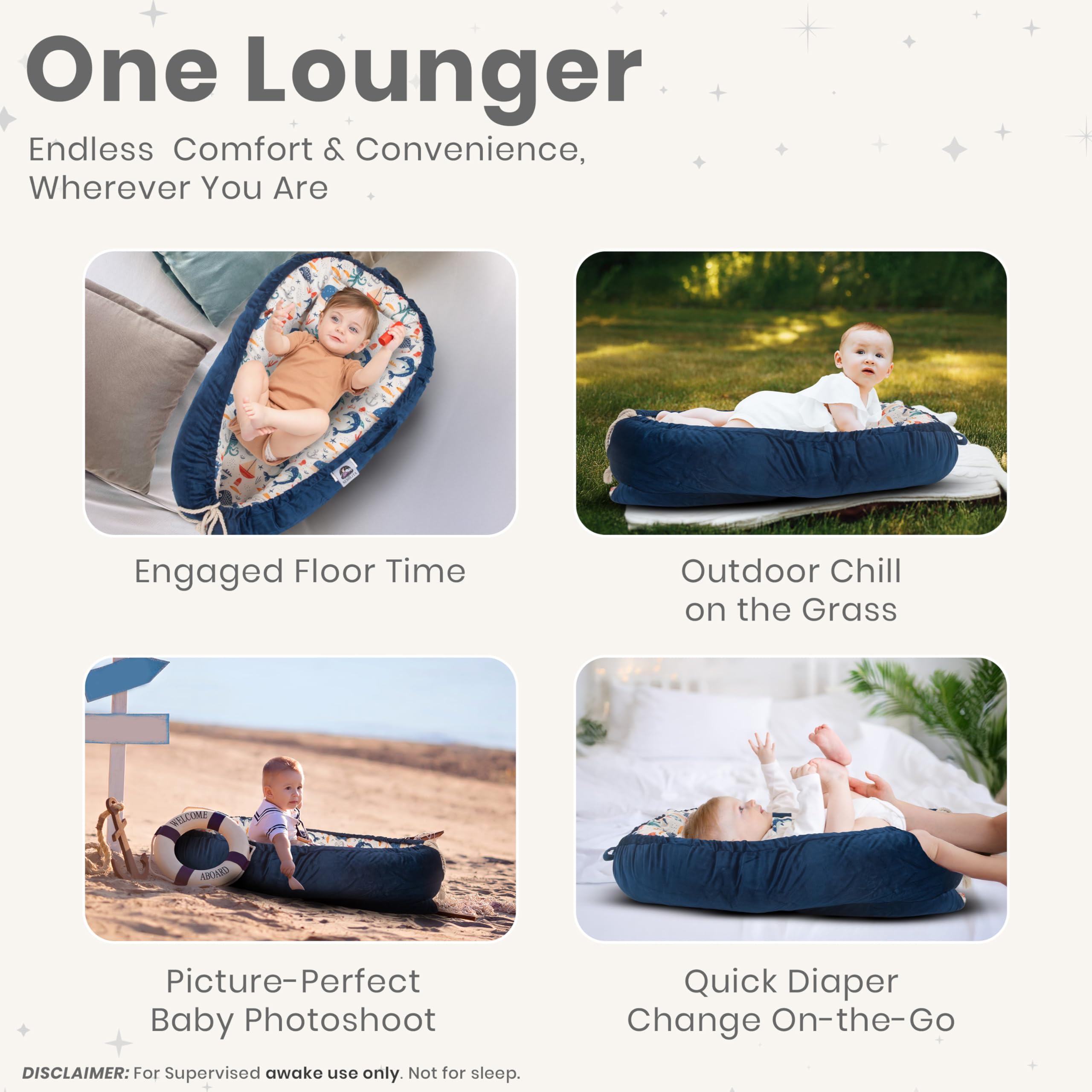 Nebulita newborn lounger blue cushions tummy-time sessions to help baby explore movements.