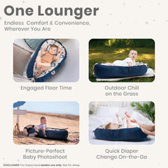Nebulita newborn lounger blue cushions tummy-time sessions to help baby explore movements.