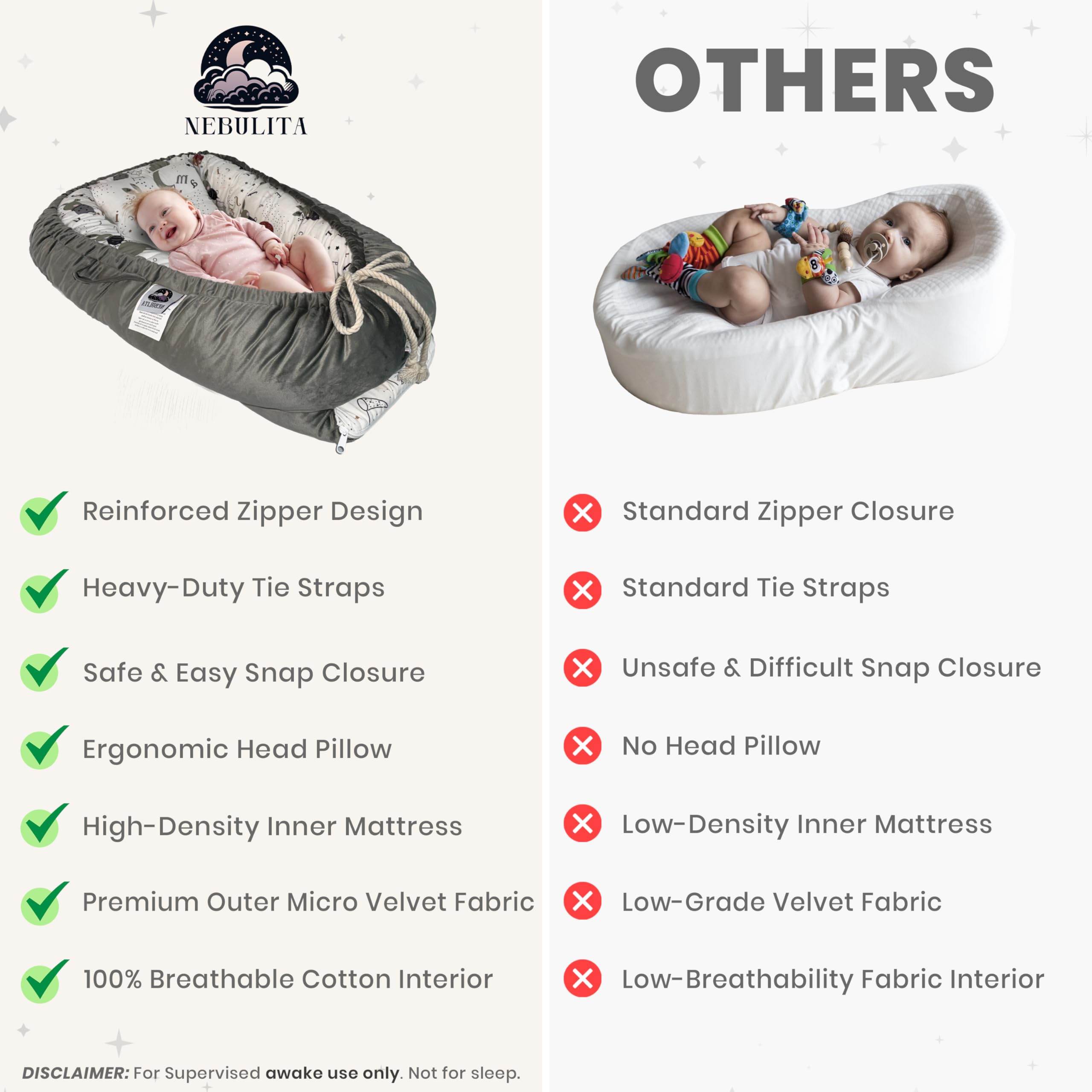 Nebulita Newborn Lounger Bunny 100-percent cotton fabric offers breathable softness.