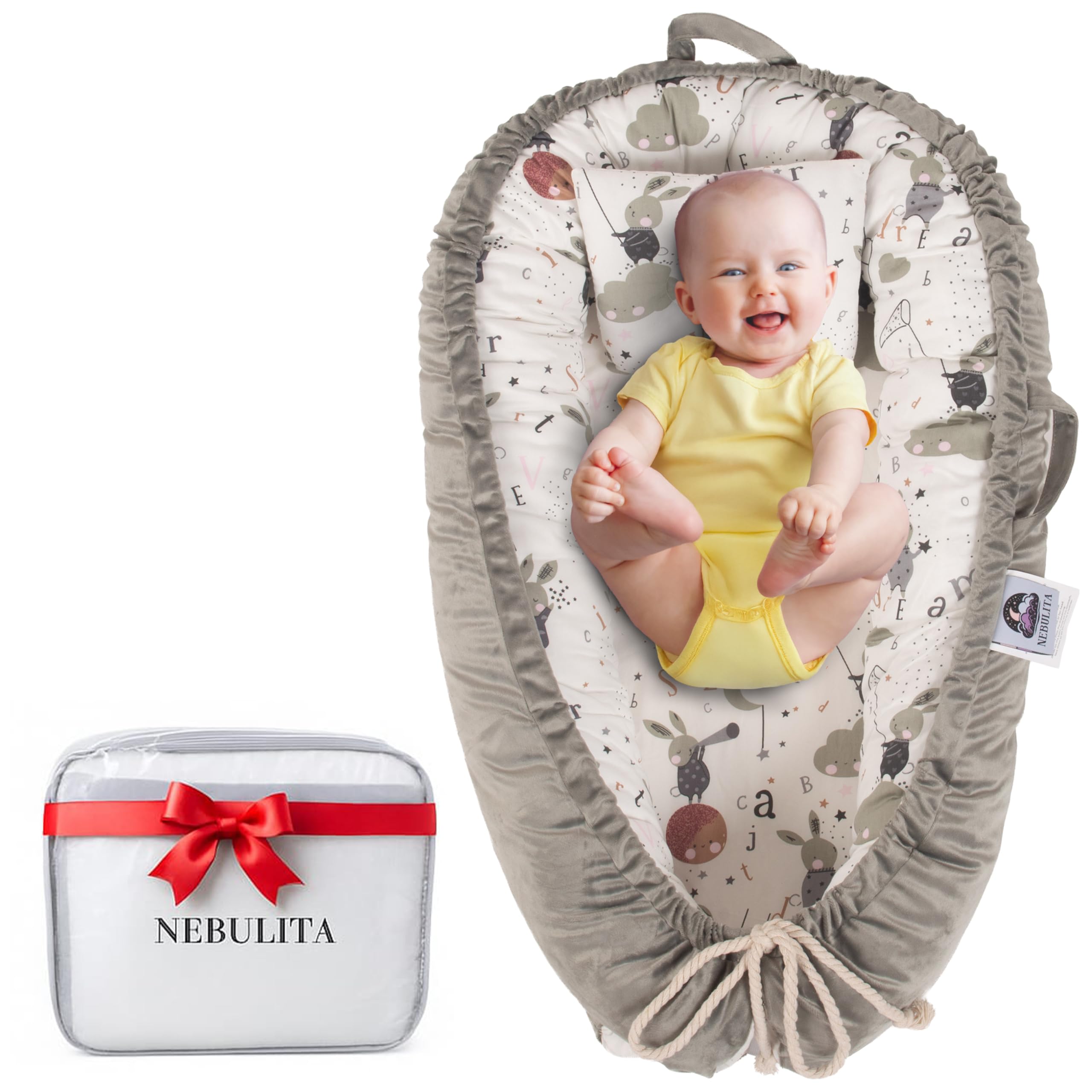 Nebulita Newborn Lounger Bunny folded base shows portable supervision use.