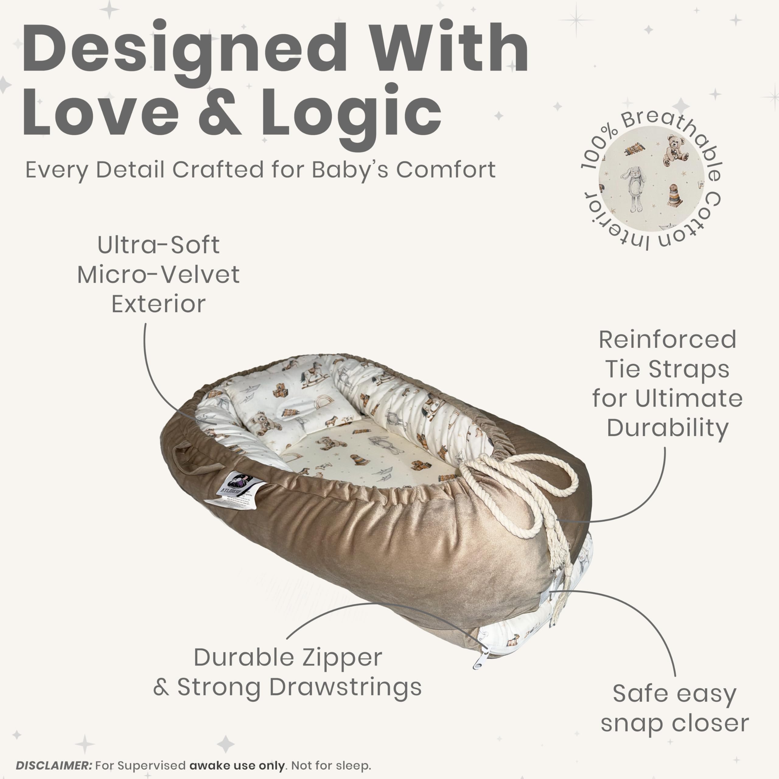 Nebulita newborn lounger cream illustrating bottle-feeding angle for supervised feeds.