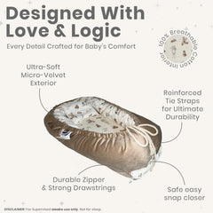 Nebulita newborn lounger cream illustrating bottle-feeding angle for supervised feeds.