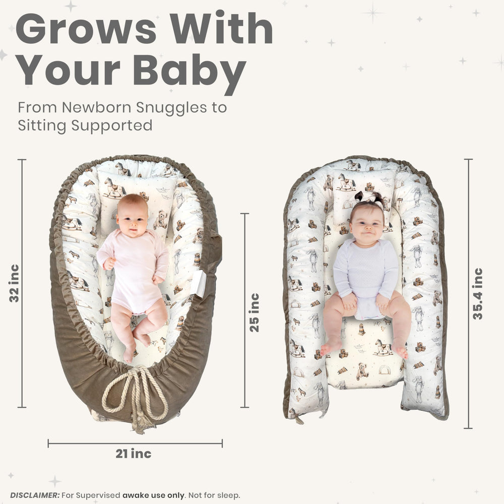 Nebulita newborn lounger cream designed for supervised awake moments and versatility.