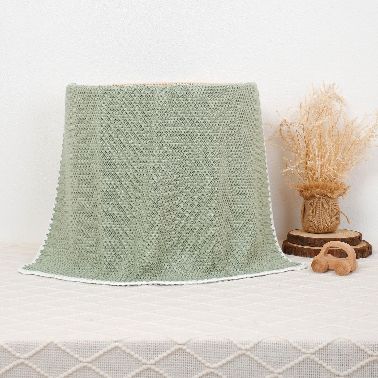 Neiwech green knit baby blanket safe for sensitive skin with breathable cotton