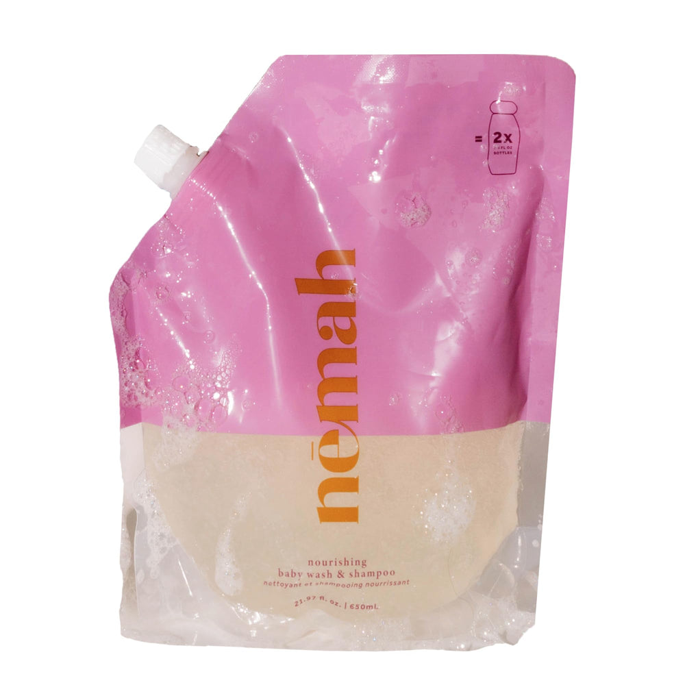 Nemah 2-in-1 baby wash refill packaging highlights sustainable refilling option.