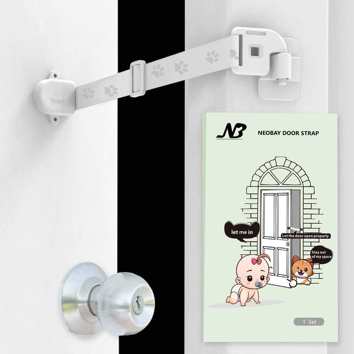 Neobay Magnetic Child Proof Door Lock main view shows safe cat access and child separation