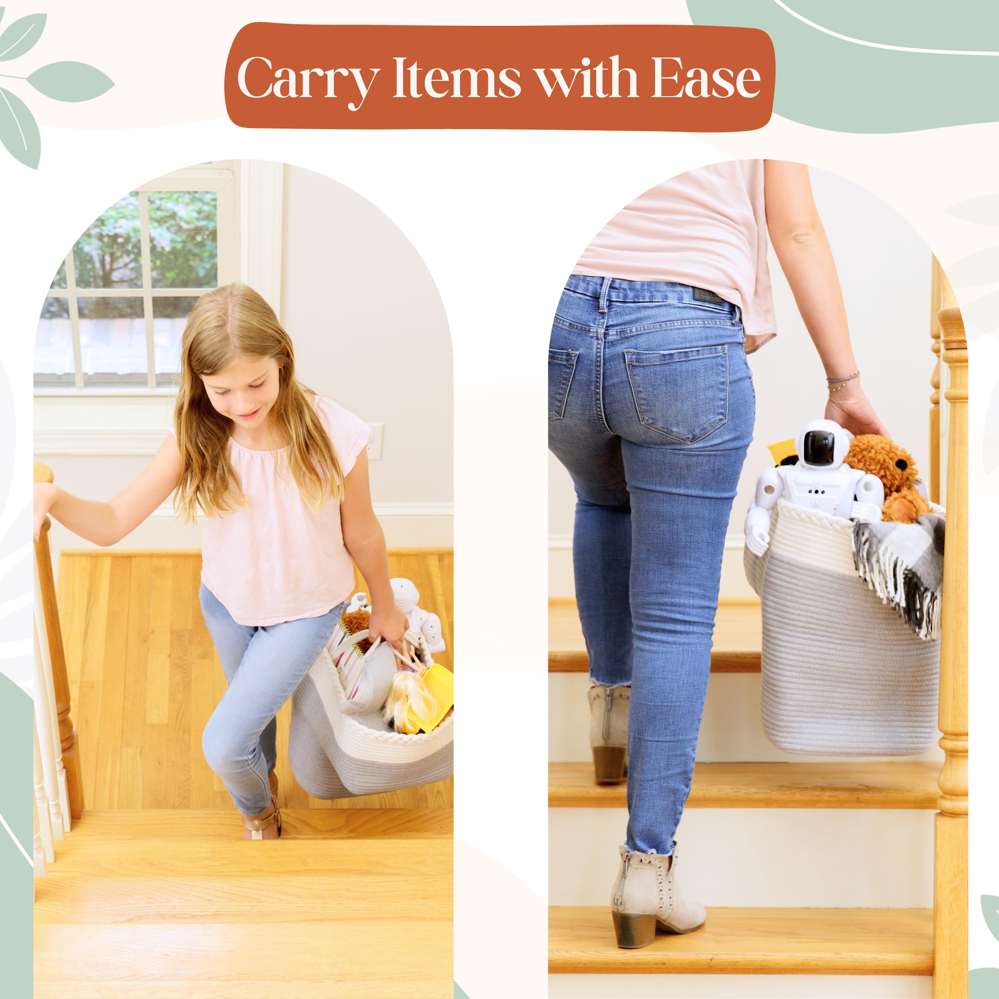 NEObirdie stair basket filled with toys demonstrates versatile stair storage
