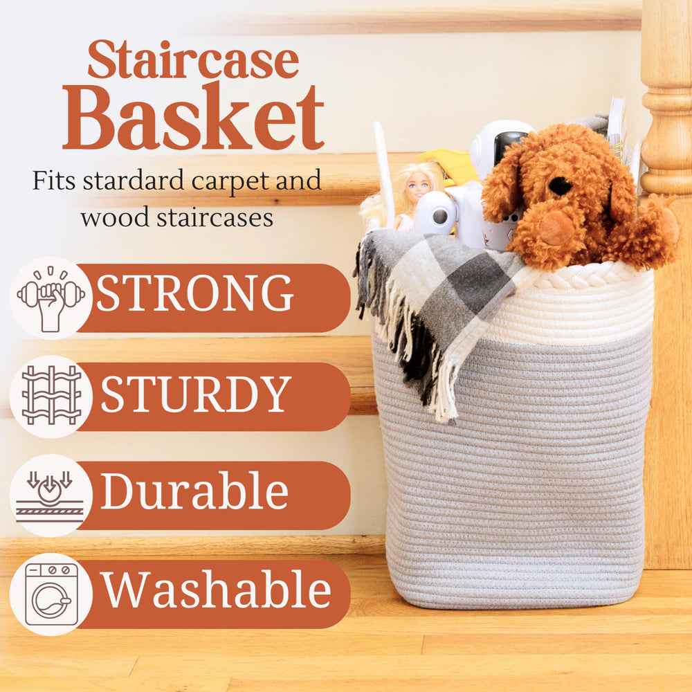 NEObirdie stair basket used as laundry and blanket storage on a landing