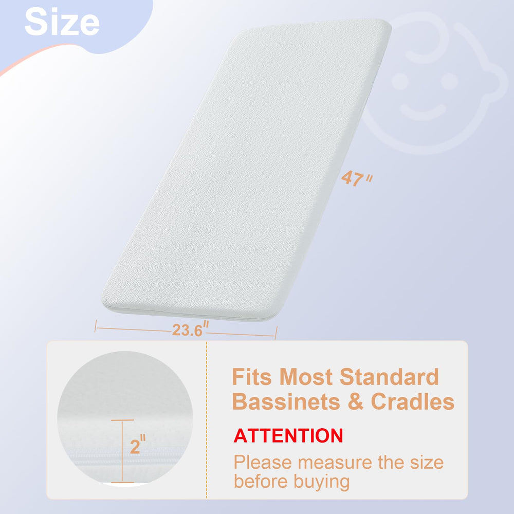 NeoBorn bassinet mattress pad shows dual foam layers for soft and firm support.
