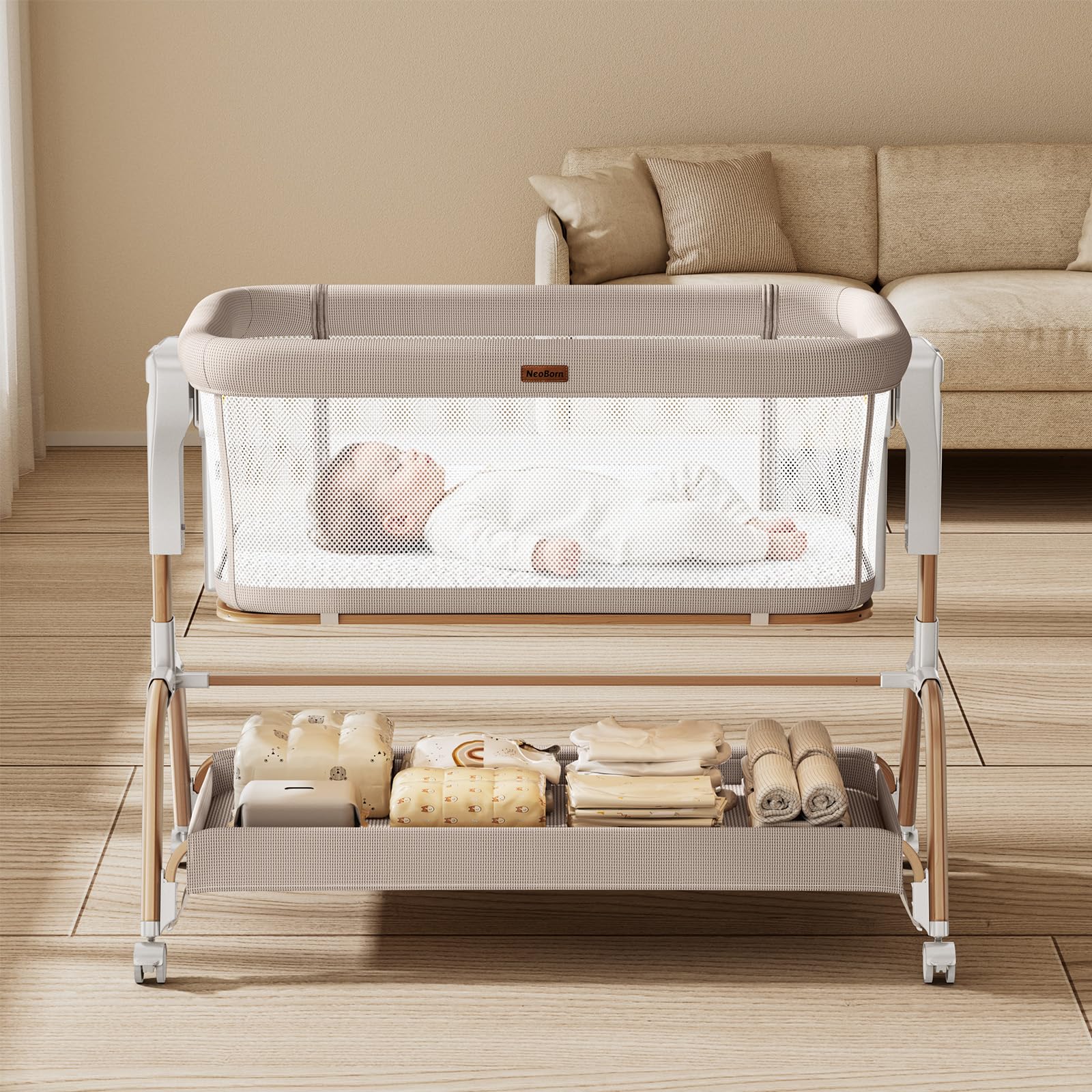 NeoBorn standalone bedside bassinet ready for newborn use