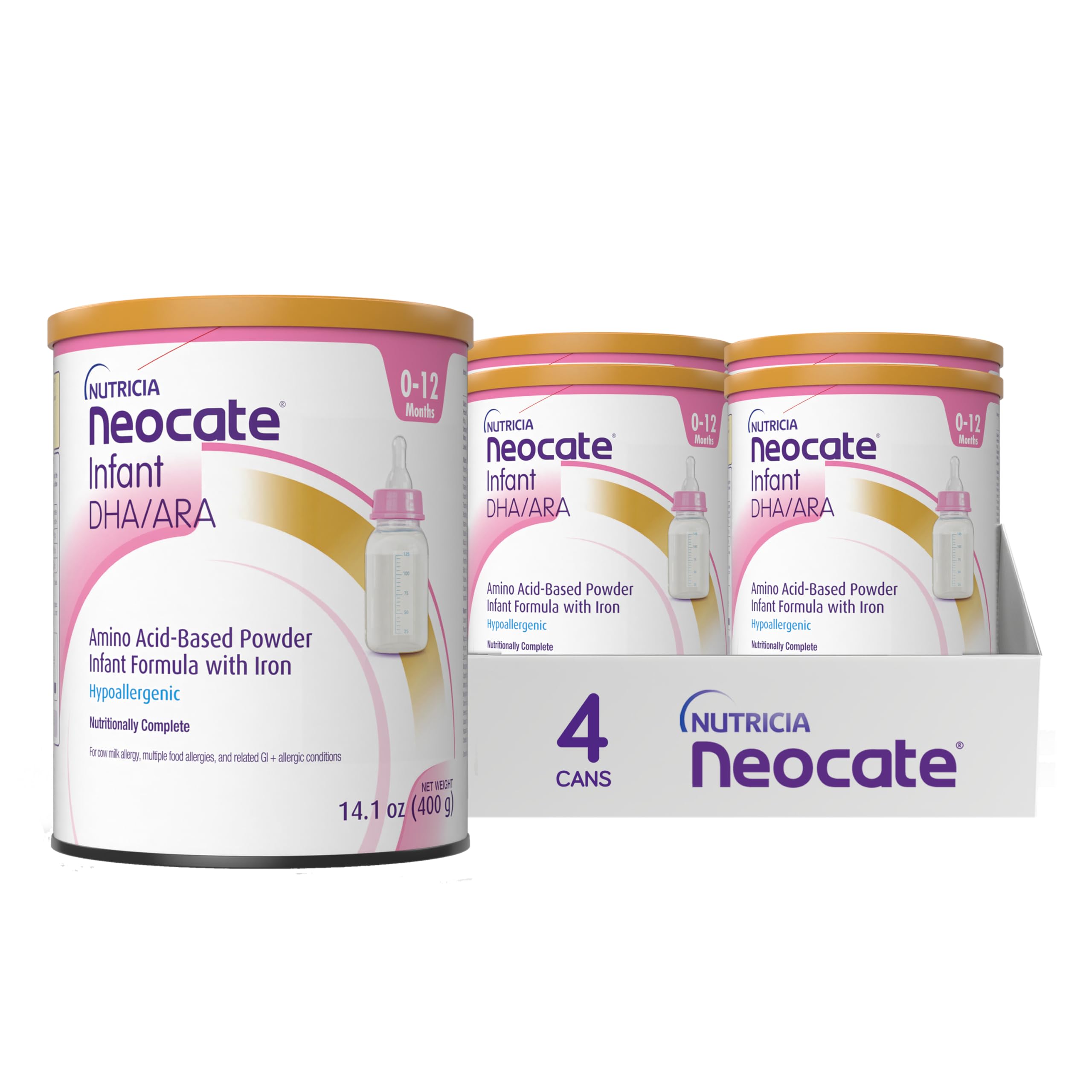 Neocate Infant hypoallergenic formula can with DHA and ARA for development support.