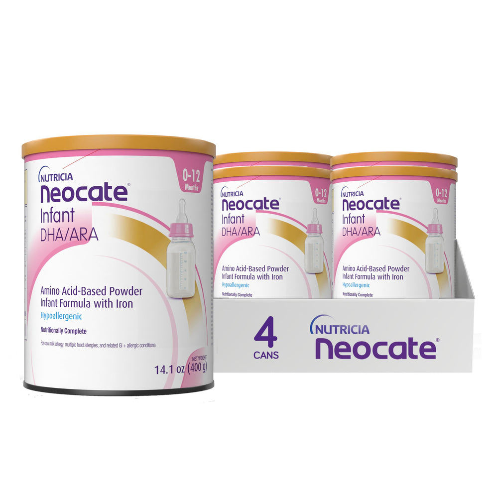 Neocate Infant hypoallergenic formula can with DHA and ARA for development support.