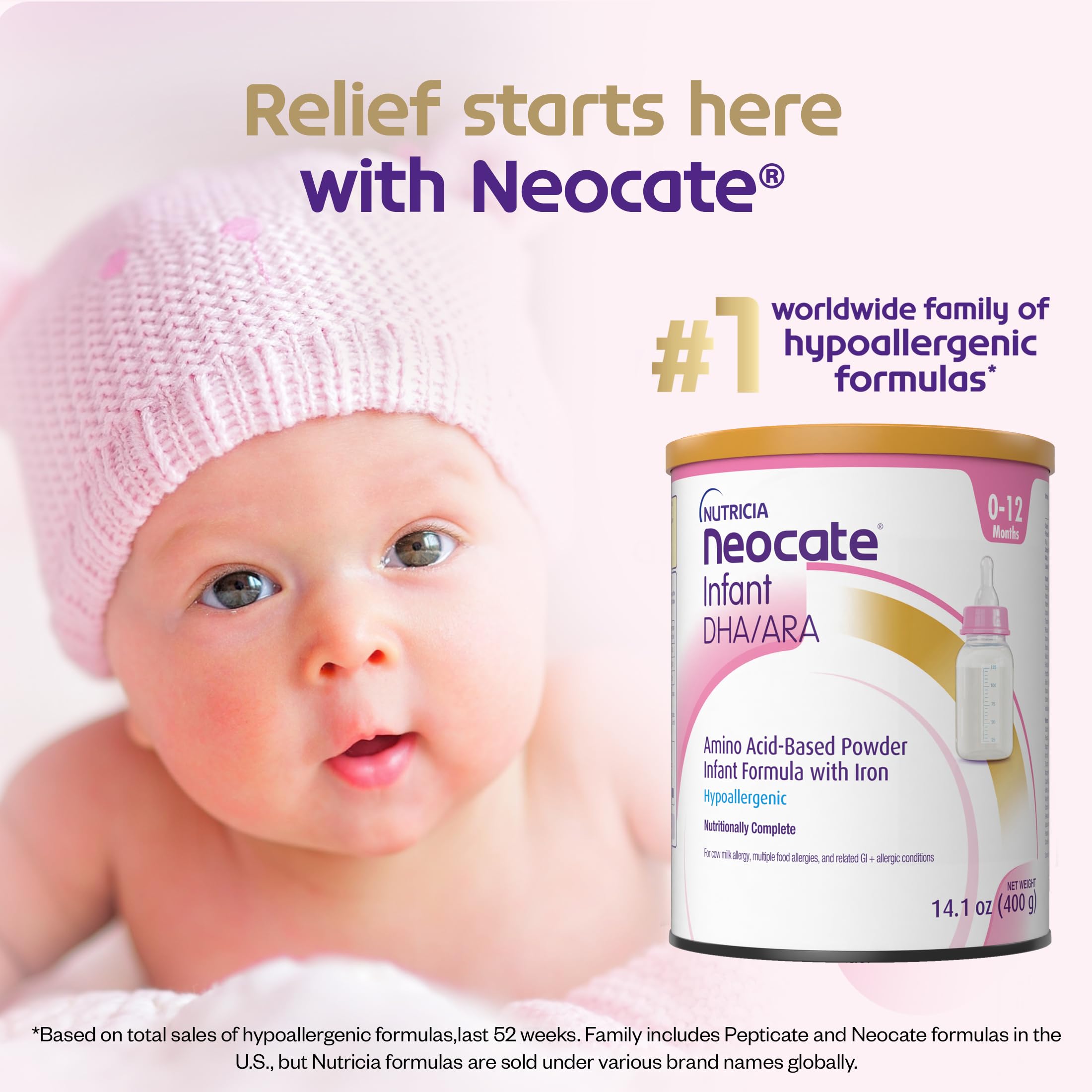 Pack of four Neocate Infant cans for steady supplies.