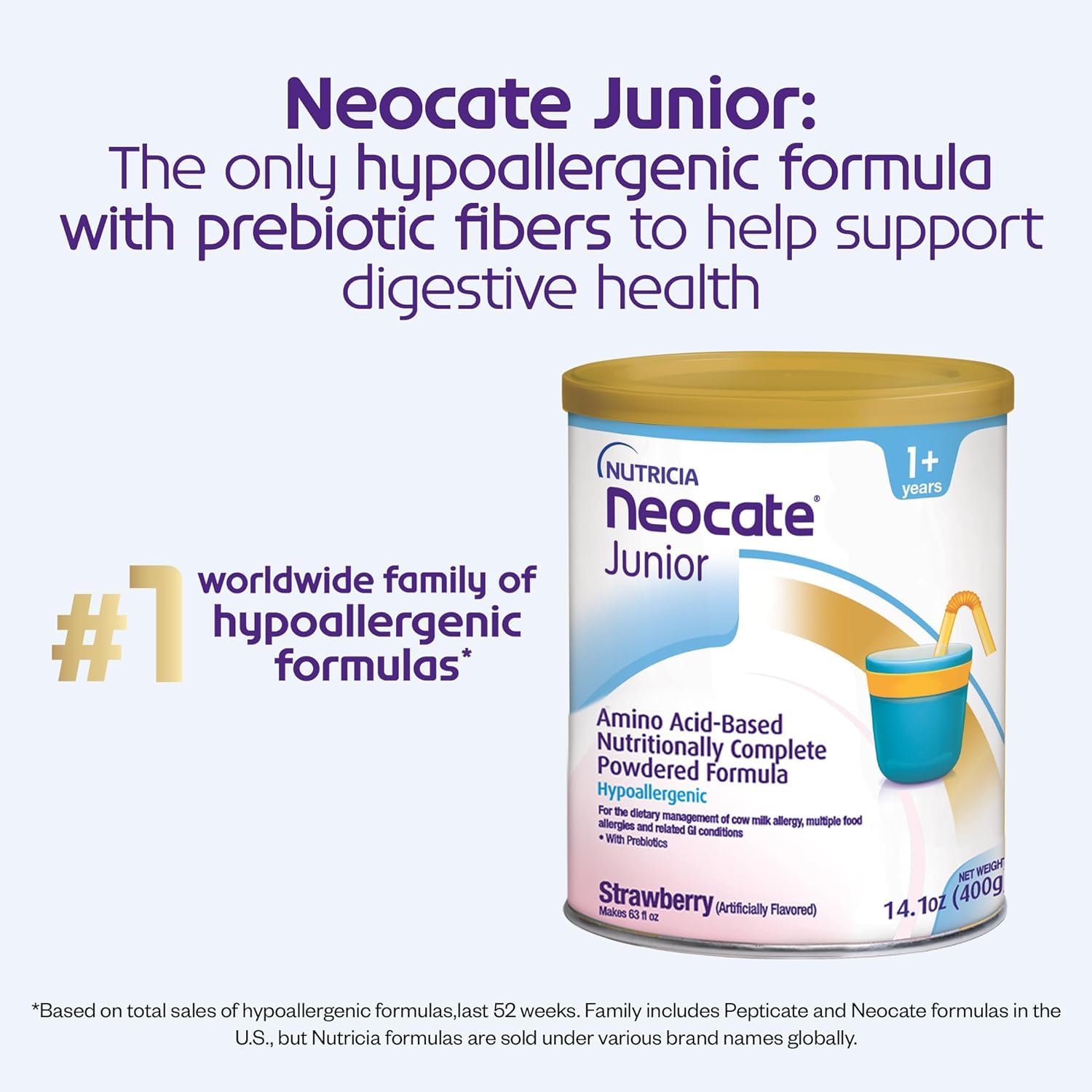 Neocate Junior packaging highlighting dairy-free amino acid formula.