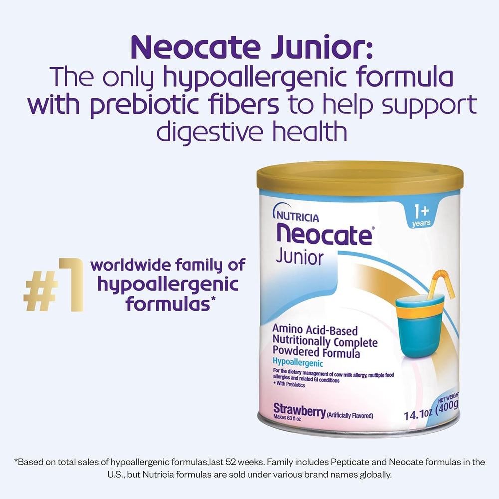 Neocate Junior packaging highlighting dairy-free amino acid formula.
