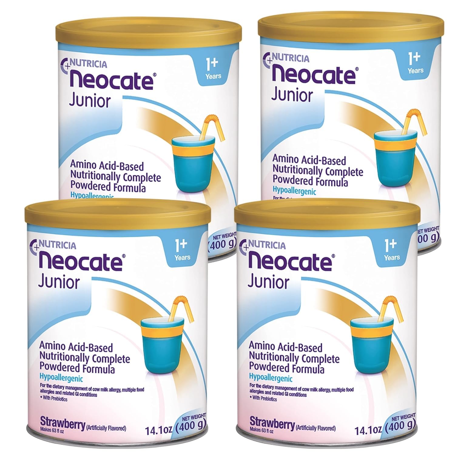 Neocate Junior strawberry powder can, dairy-free nourishment for growing kids.