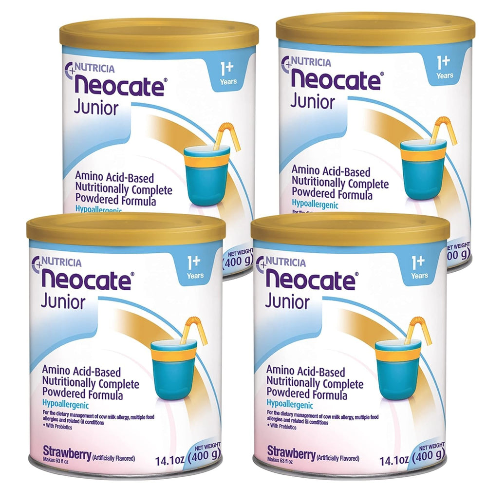 Neocate Junior strawberry powder can, dairy-free nourishment for growing kids.
