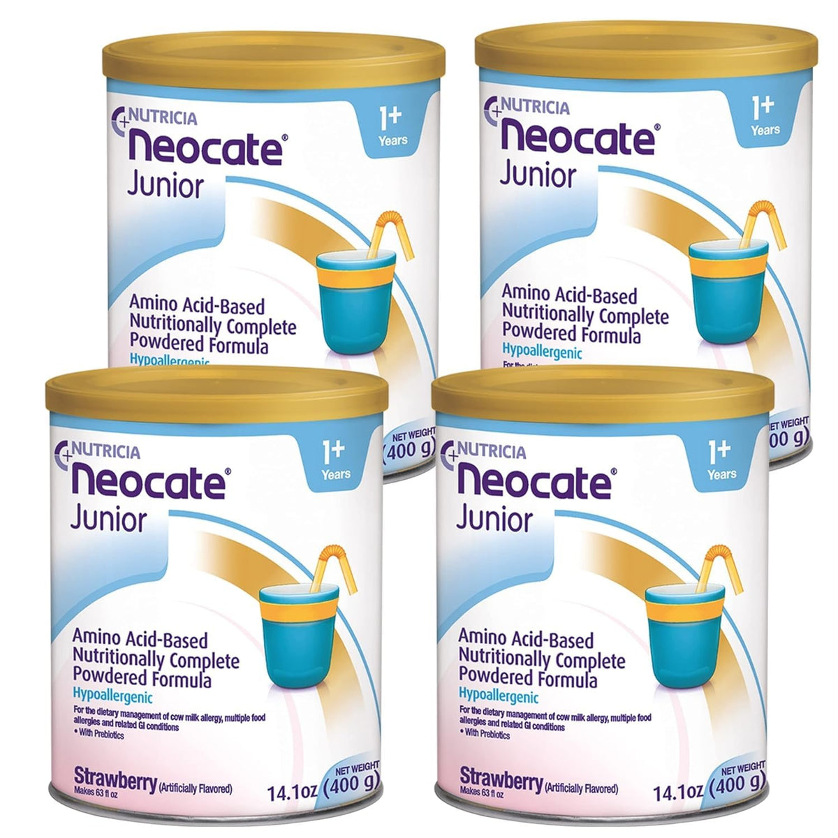 Neocate Junior strawberry powder can, dairy-free nourishment for growing kids.