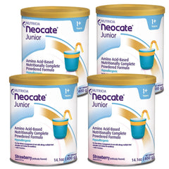 Neocate Junior strawberry powder can, dairy-free nourishment for growing kids.