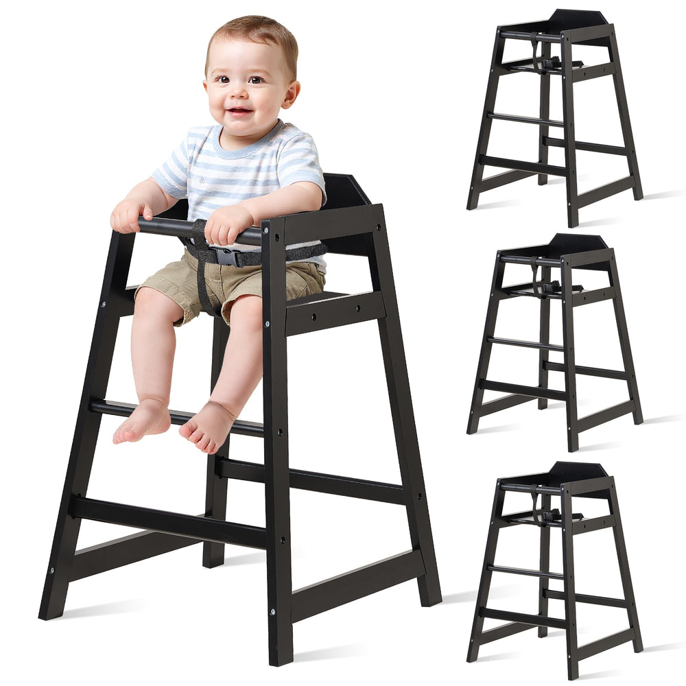 Neoflavie 4-pack wooden high chairs stacked neatly to save space during meals.