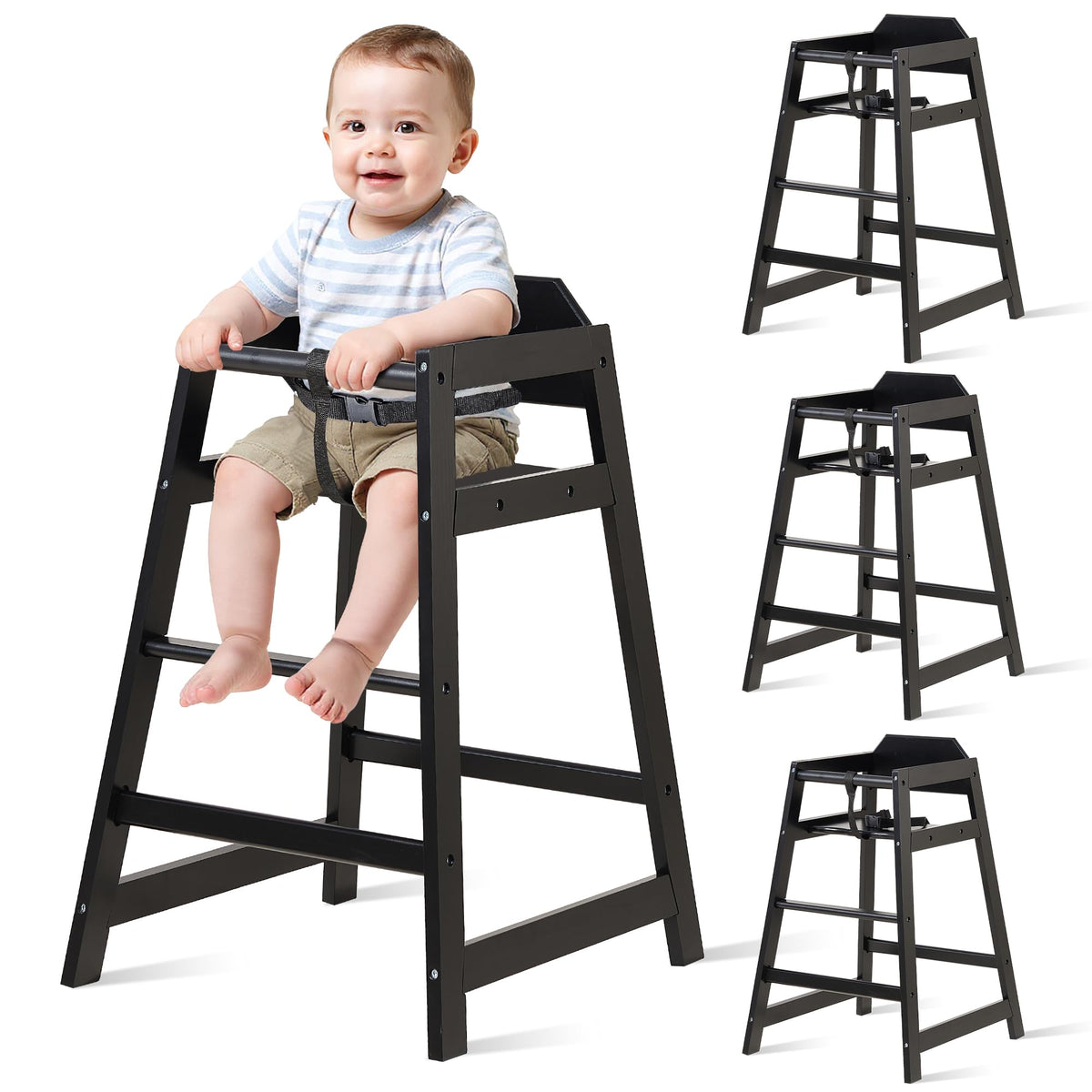 Neoflavie 4-pack wooden high chairs stacked neatly to save space during meals.