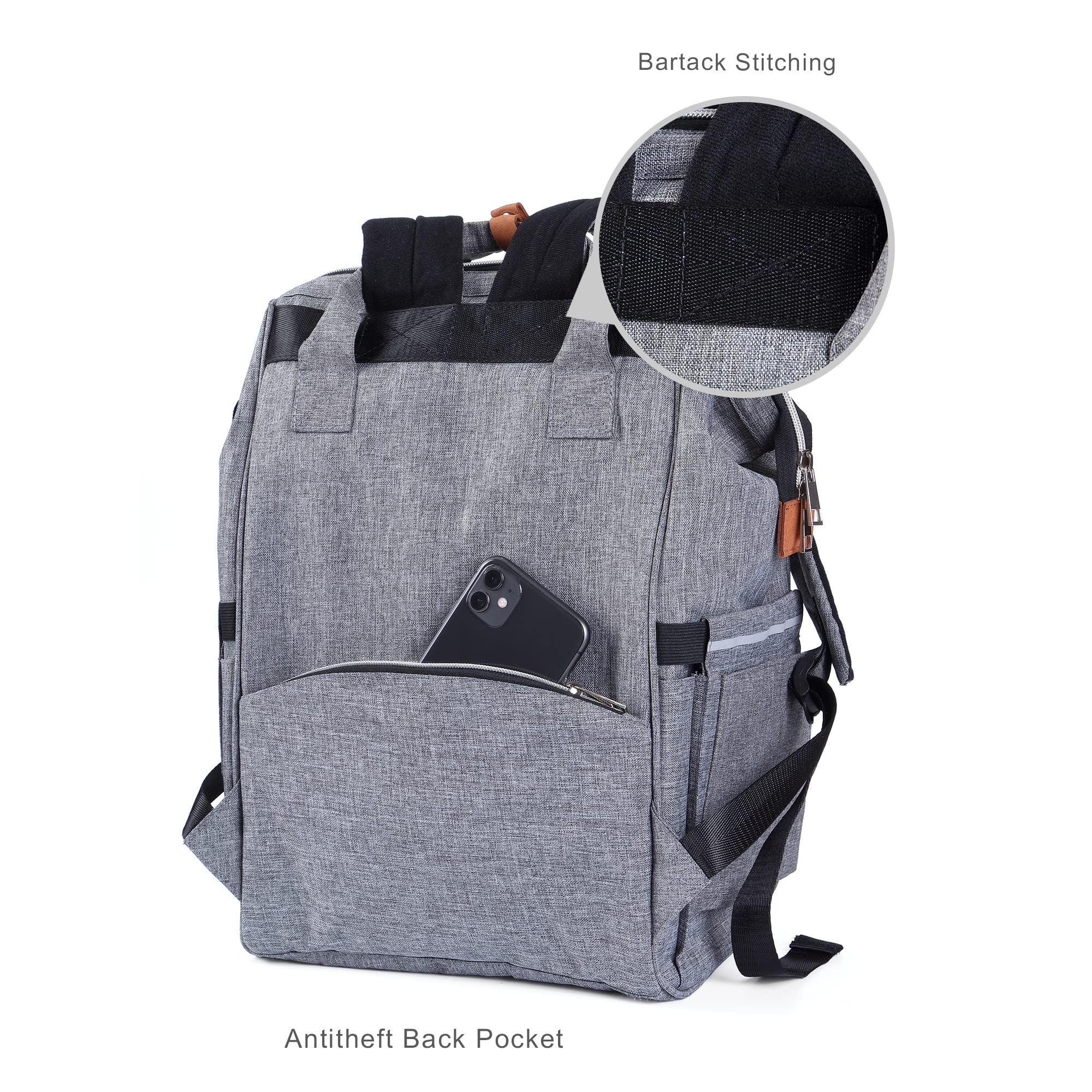 NeoTech Care diaper bag backpack anti-theft back pocket adds security.