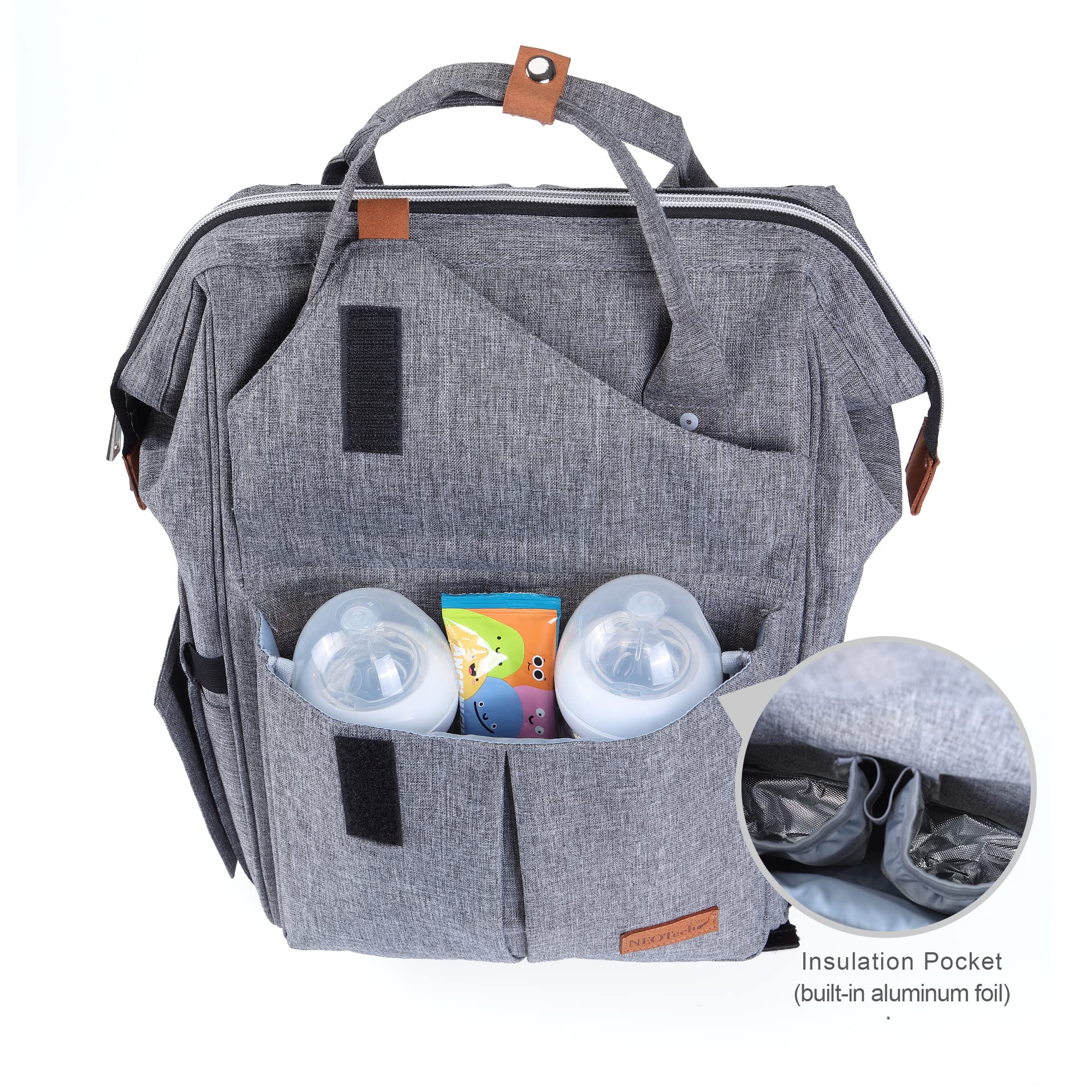 NeoTech Care diaper bag backpack side tissue pocket keeps tissues within reach.