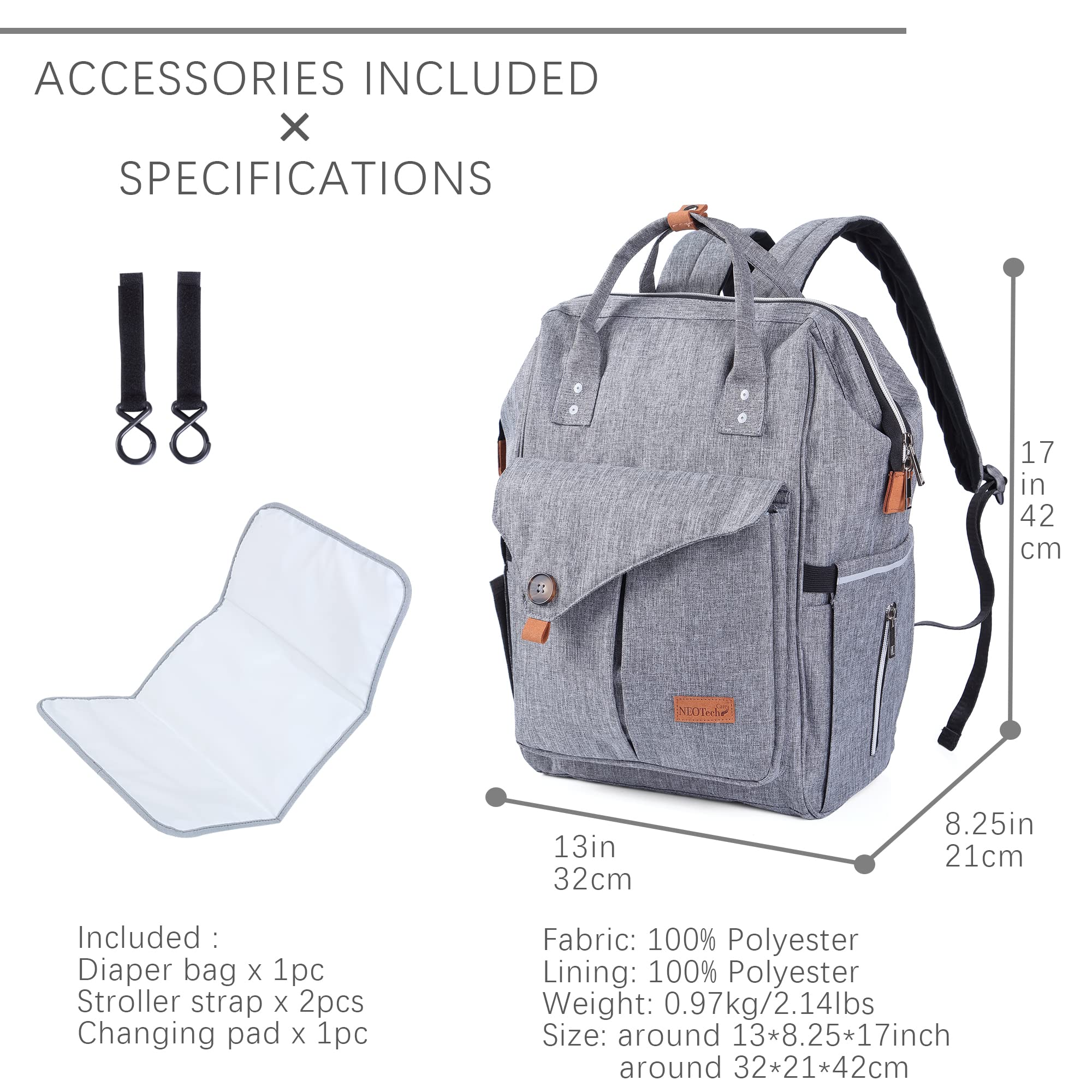 NeoTech Care diaper bag backpack with detachable stroller straps for easy hands-free transport.