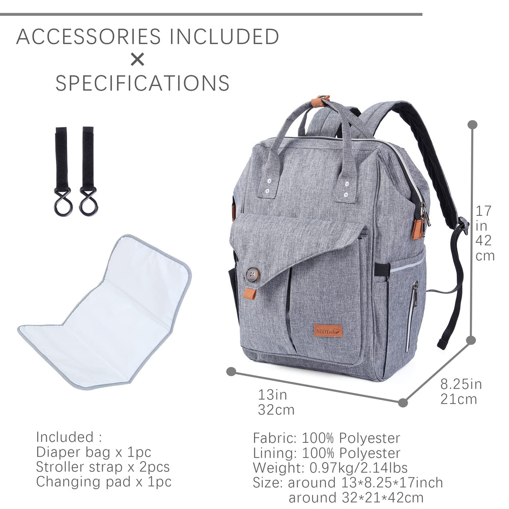 NeoTech Care diaper bag backpack with detachable stroller straps for easy hands-free transport.