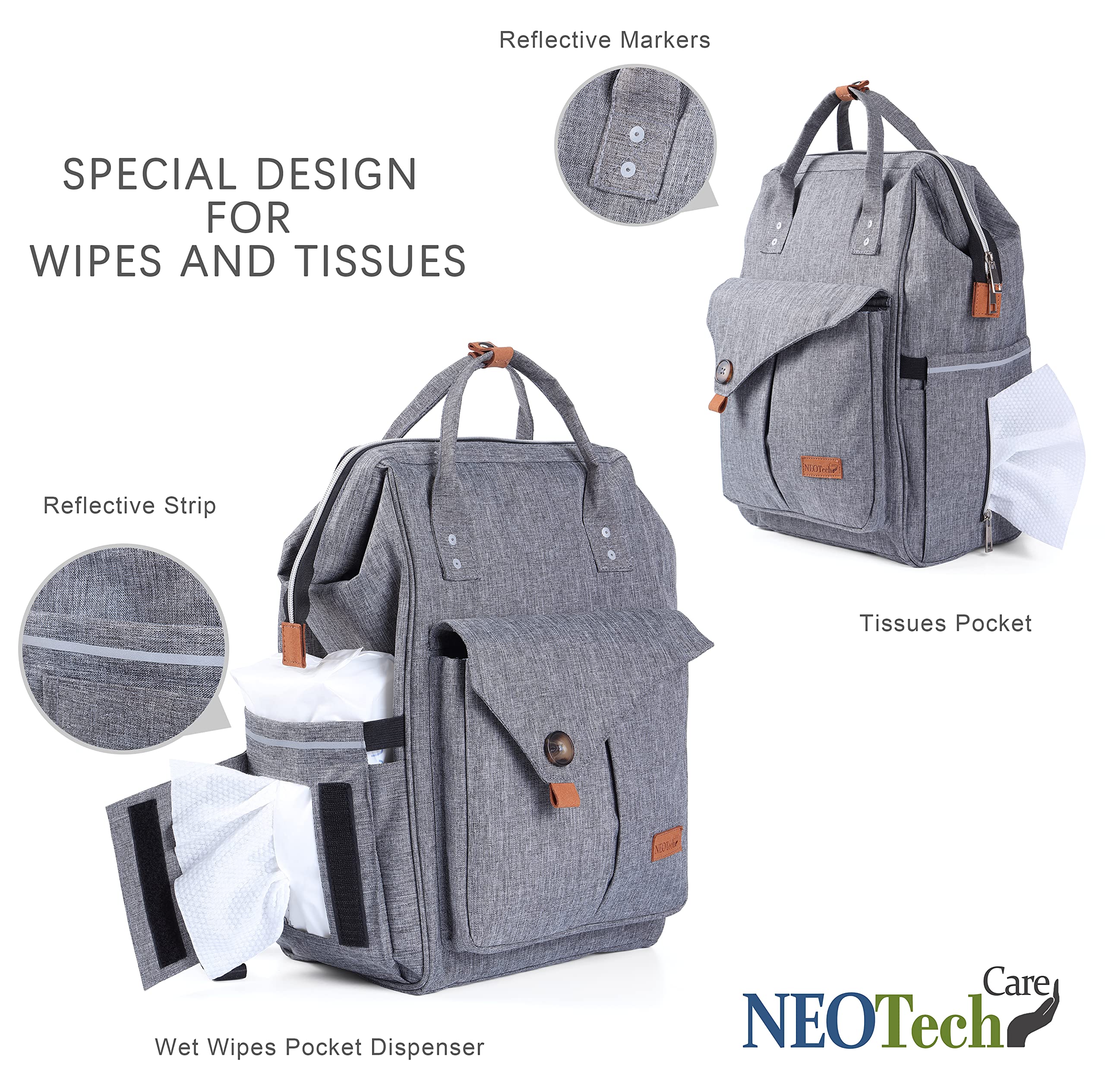 NeoTech Care diaper bag backpack wet wipes pocket for tidy diaper changes.