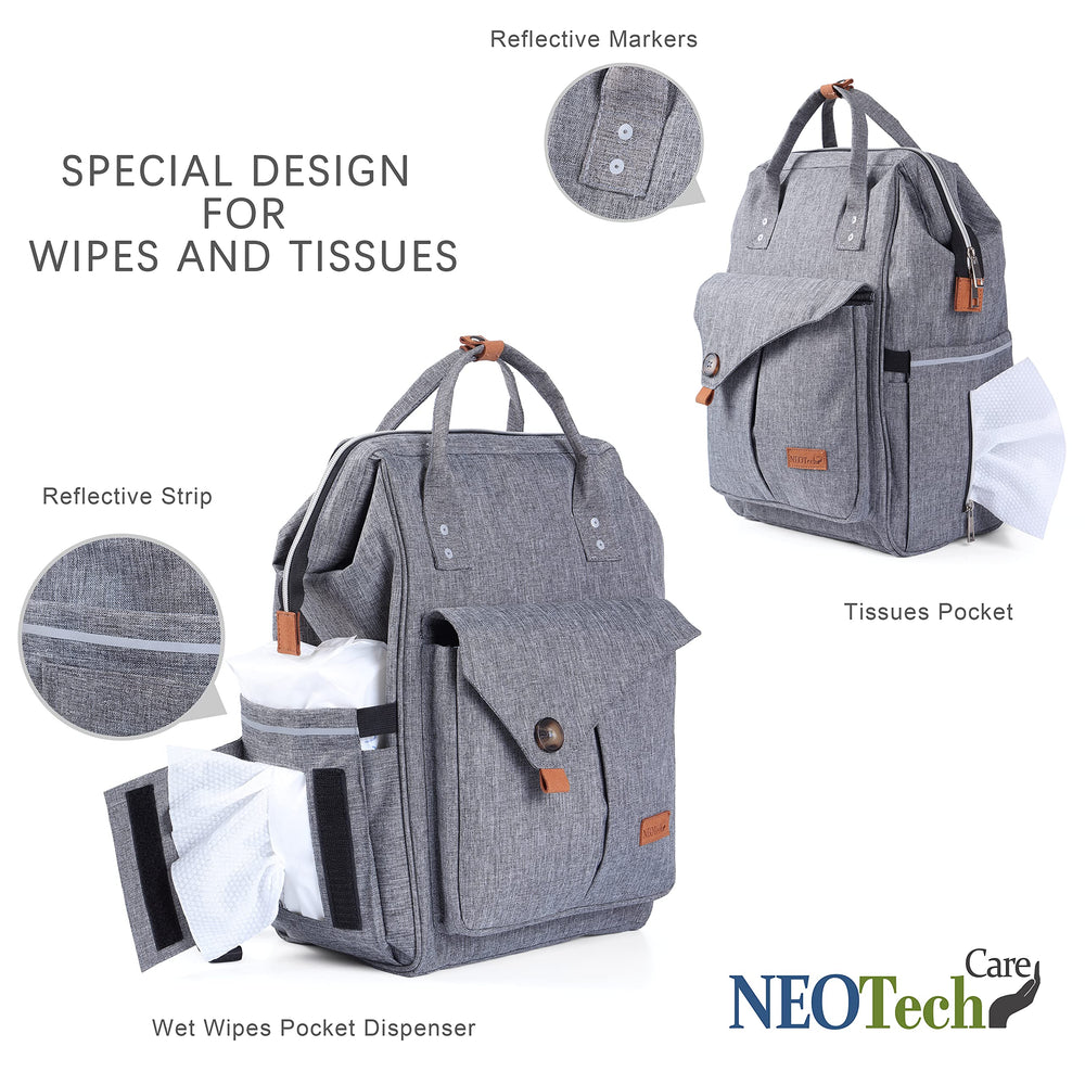 NeoTech Care diaper bag backpack wet wipes pocket for tidy diaper changes.