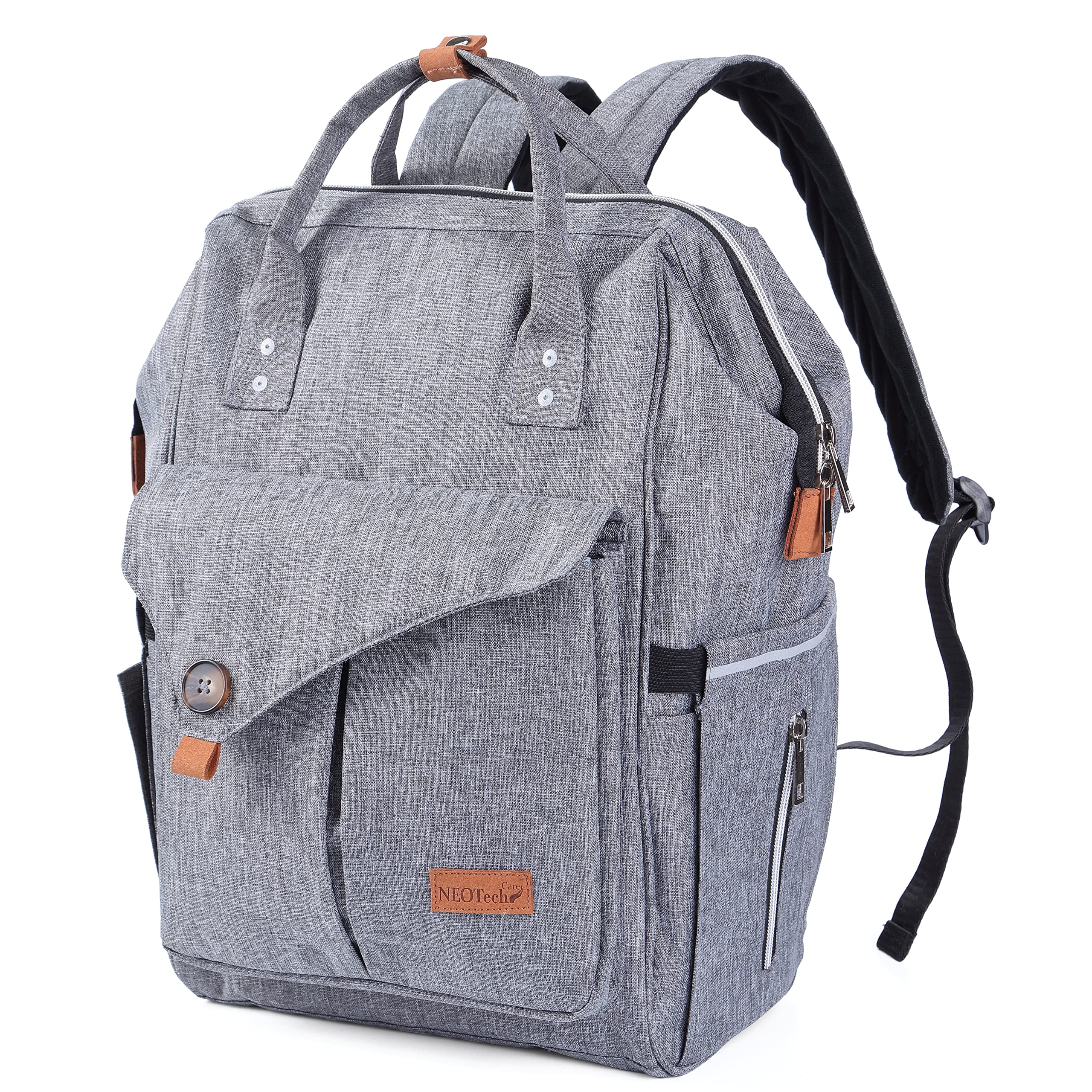 NeoTech Care diaper bag backpack with wide opening for quick, one-handed access.