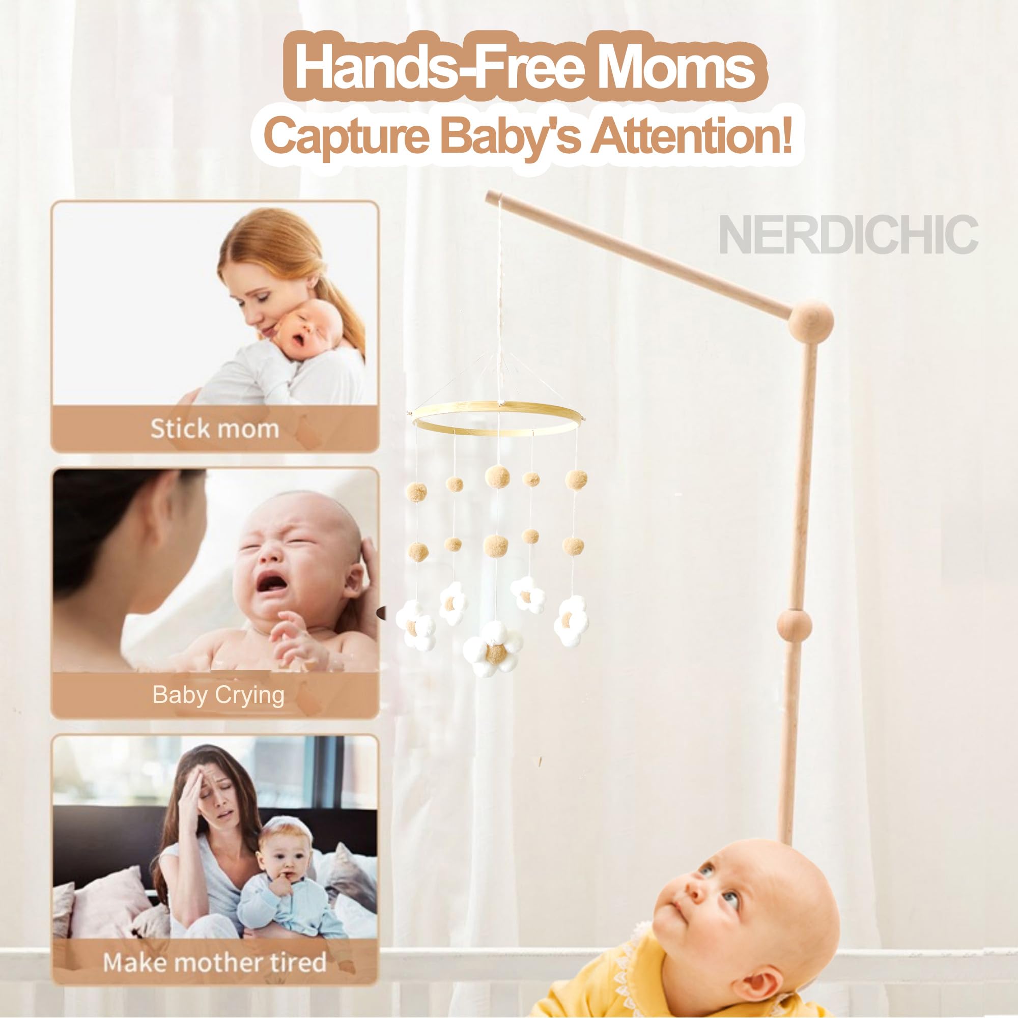 Nerdichic baby mobile features wooden hoop and felt flowers for safe, charming decor.