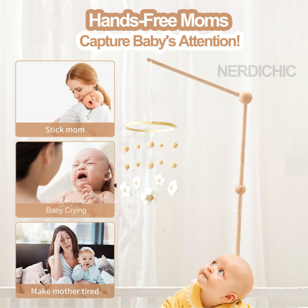 Nerdichic baby mobile features wooden hoop and felt flowers for safe, charming decor.