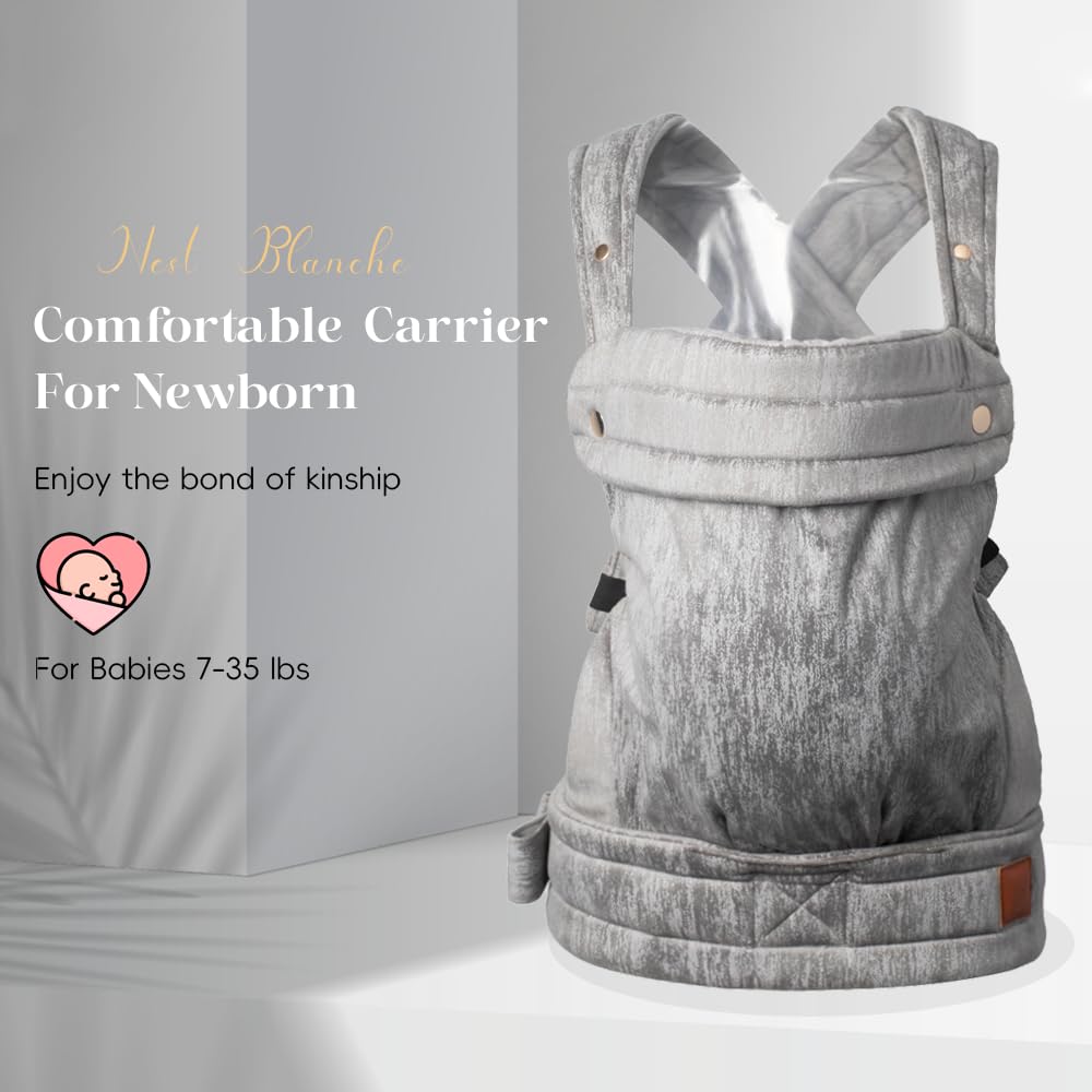 Nest Blanche baby carrier back view highlighting balanced weight distribution for wearers.