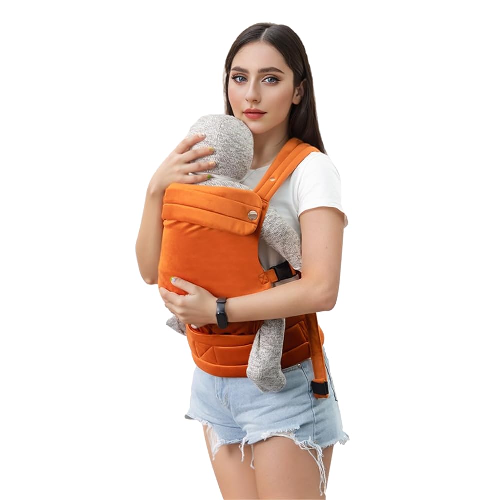 NEST BLANCHE orange back-facing baby carrier designed for comfortable wear on the go.