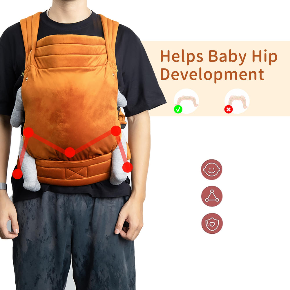 NEST BLANCHE orange X-shaped back carrier distributes weight evenly.