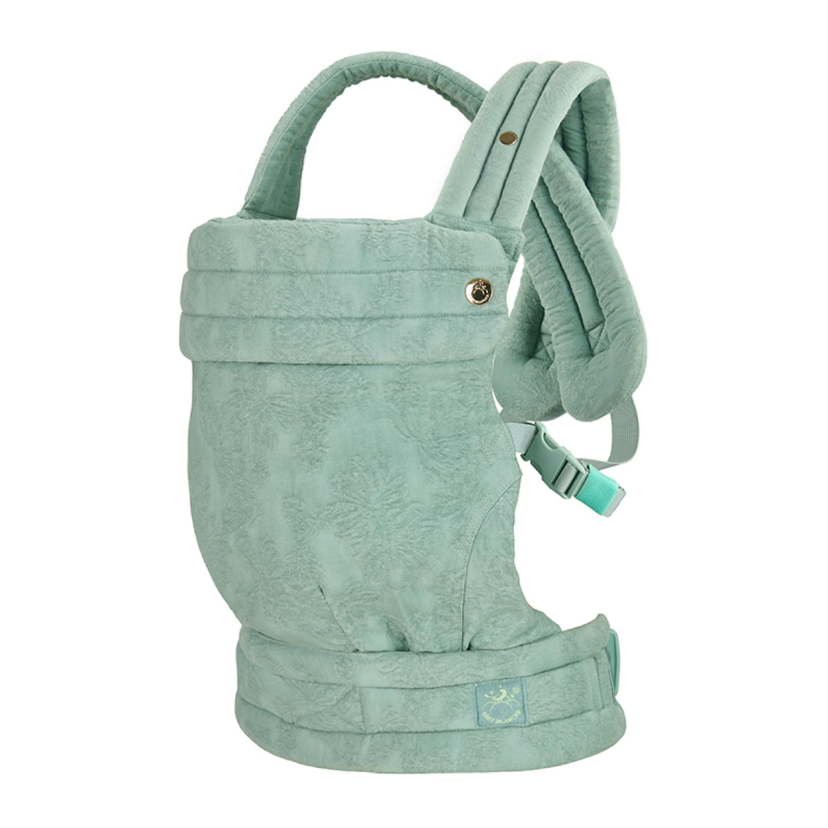 NEST BLANCHE baby carrier in teal with Magnolia pattern for all-day comfortable wear.
