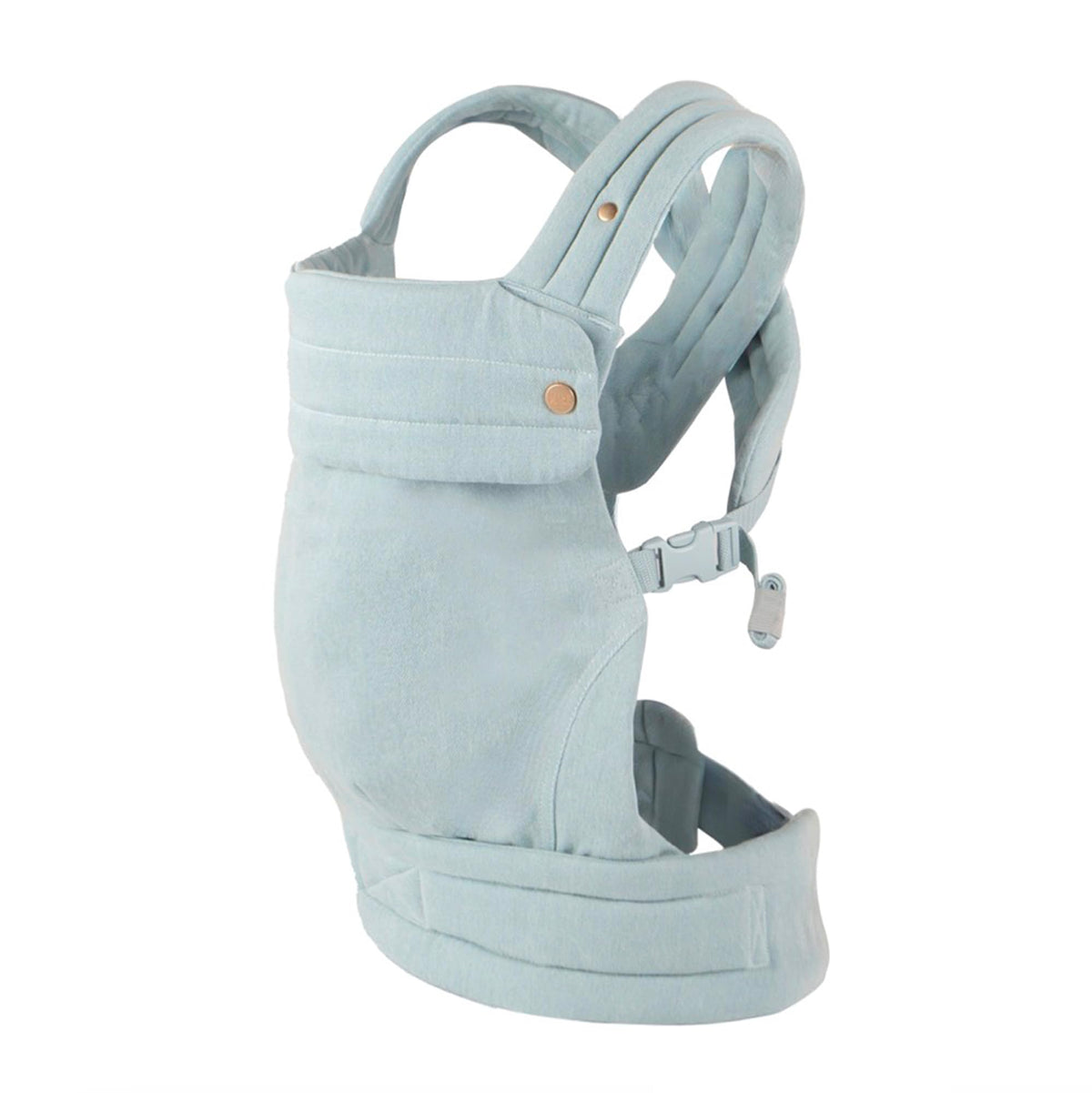 Nest Blanche ergonomic baby carrier in denim for front-carry and hands-free errands