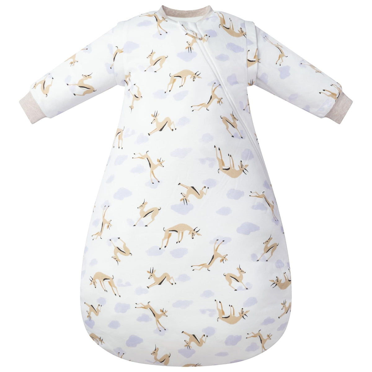 Nest Designs Gazelle Sky sleep bag front view highlights cozy organic fabric for sensitive skin.
