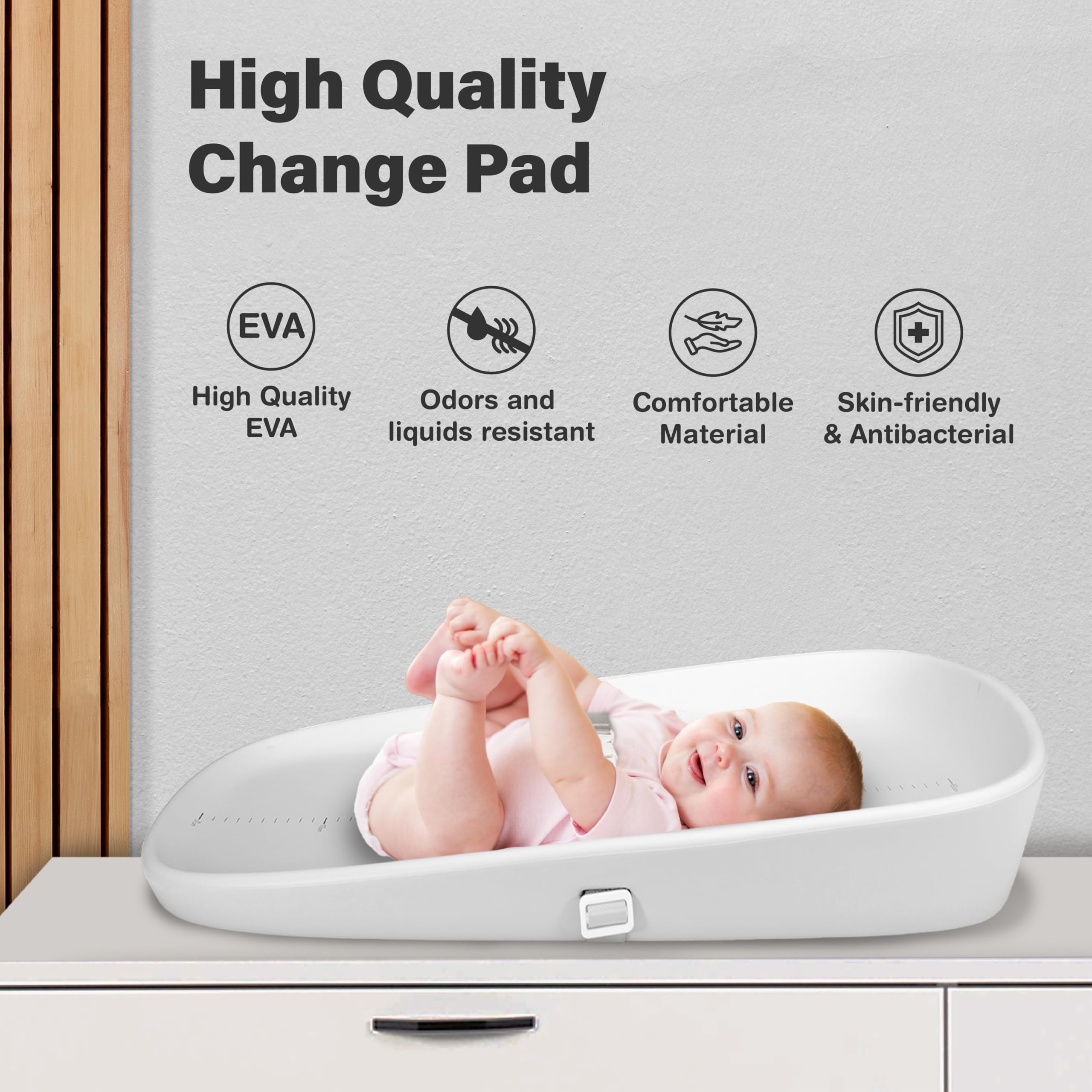 Nest Mello baby changing pad dimensions 27 in L by 17.13 in W for standard tables.